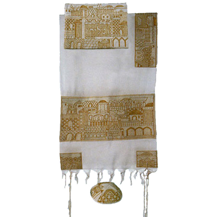 Yair Emanuel Hand Embroidered Jerusalem in Gold Tallit Set